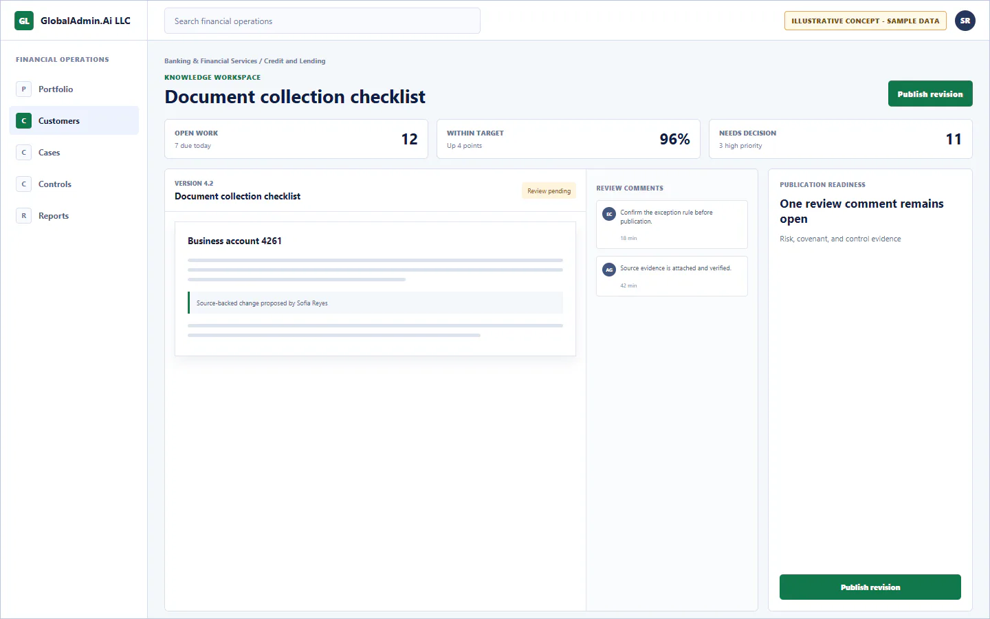 Representative Document collection checklist application for Banking & Financial Services, showing knowledge workspace, sample operational data, accountable ownership, and a visible next action.