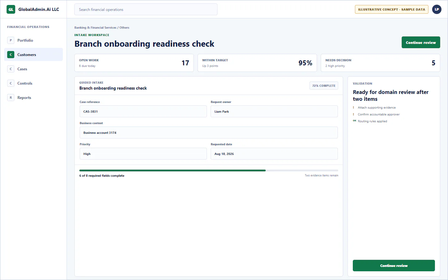 Representative Branch onboarding readiness check application for Banking & Financial Services, showing intake workspace, sample operational data, accountable ownership, and a visible next action.