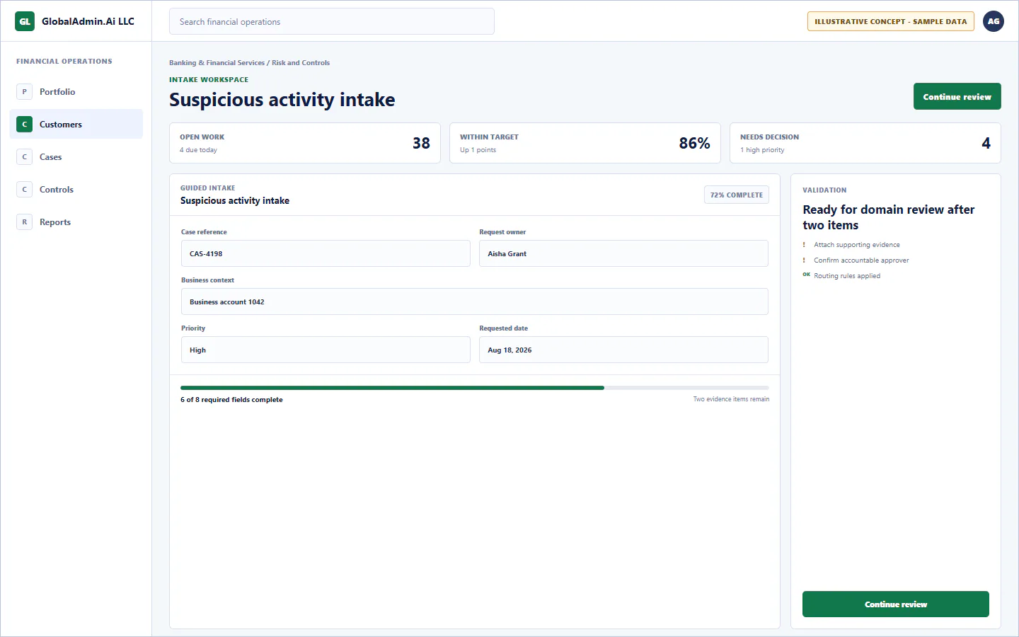 Representative Suspicious activity intake application for Banking & Financial Services, showing intake workspace, sample operational data, accountable ownership, and a visible next action.