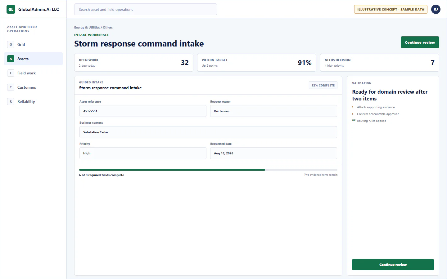 Representative Storm response command intake application for Energy & Utilities, showing intake workspace, sample operational data, accountable ownership, and a visible next action.