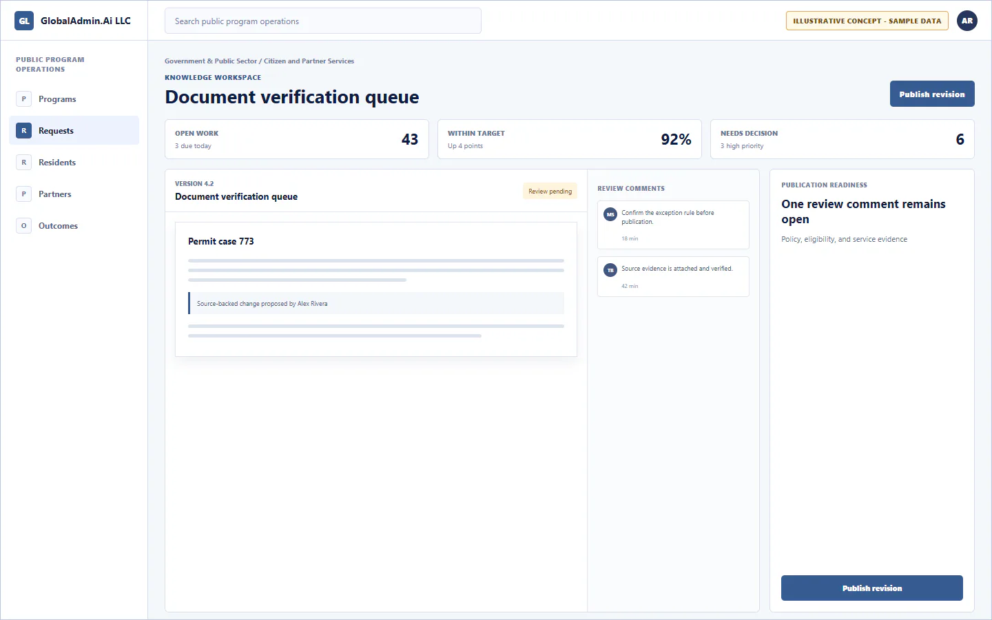 Representative Document verification queue application for Government & Public Sector, showing knowledge workspace, sample operational data, accountable ownership, and a visible next action.
