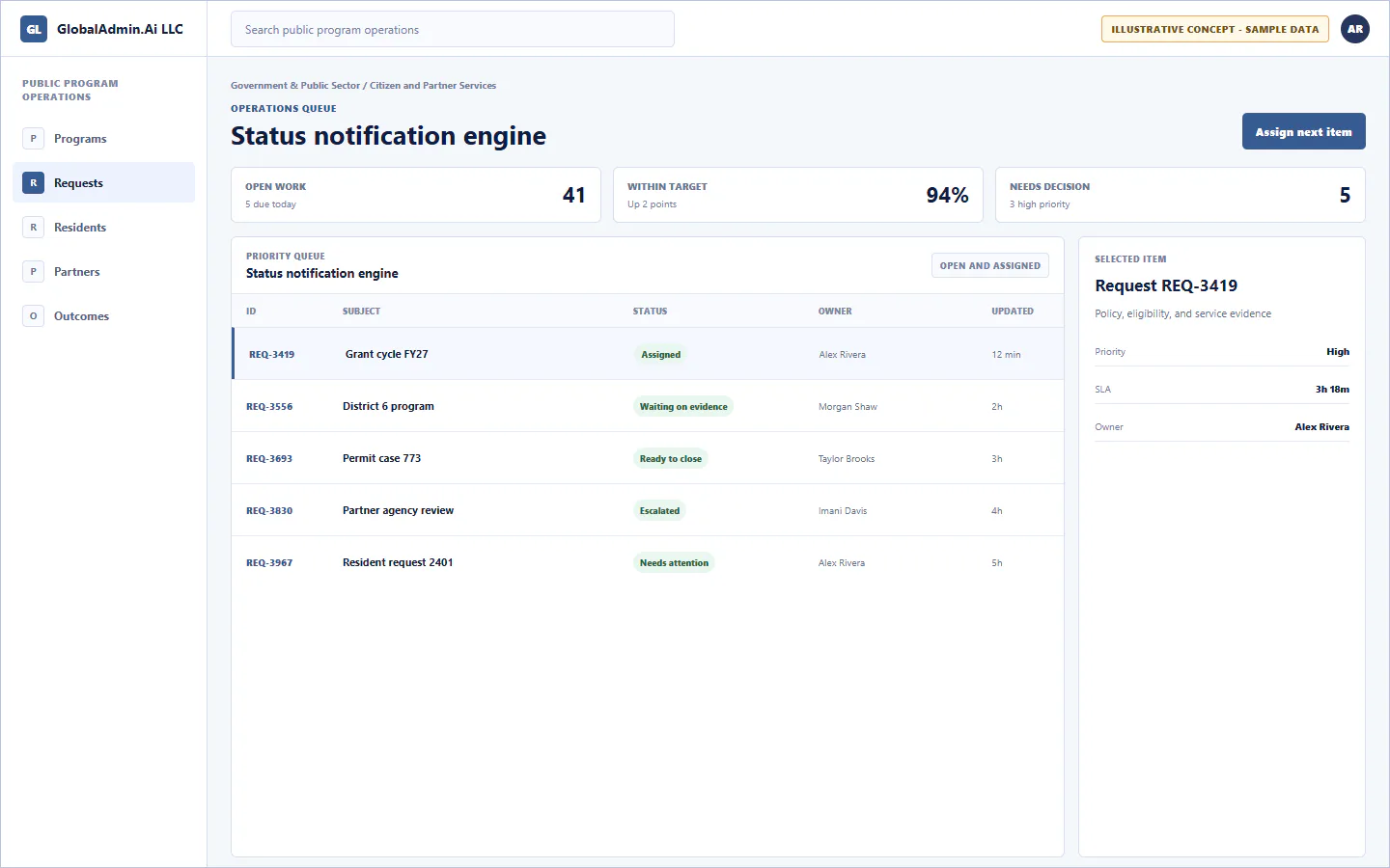 Representative Status notification engine application for Government & Public Sector, showing operations queue, sample operational data, accountable ownership, and a visible next action.