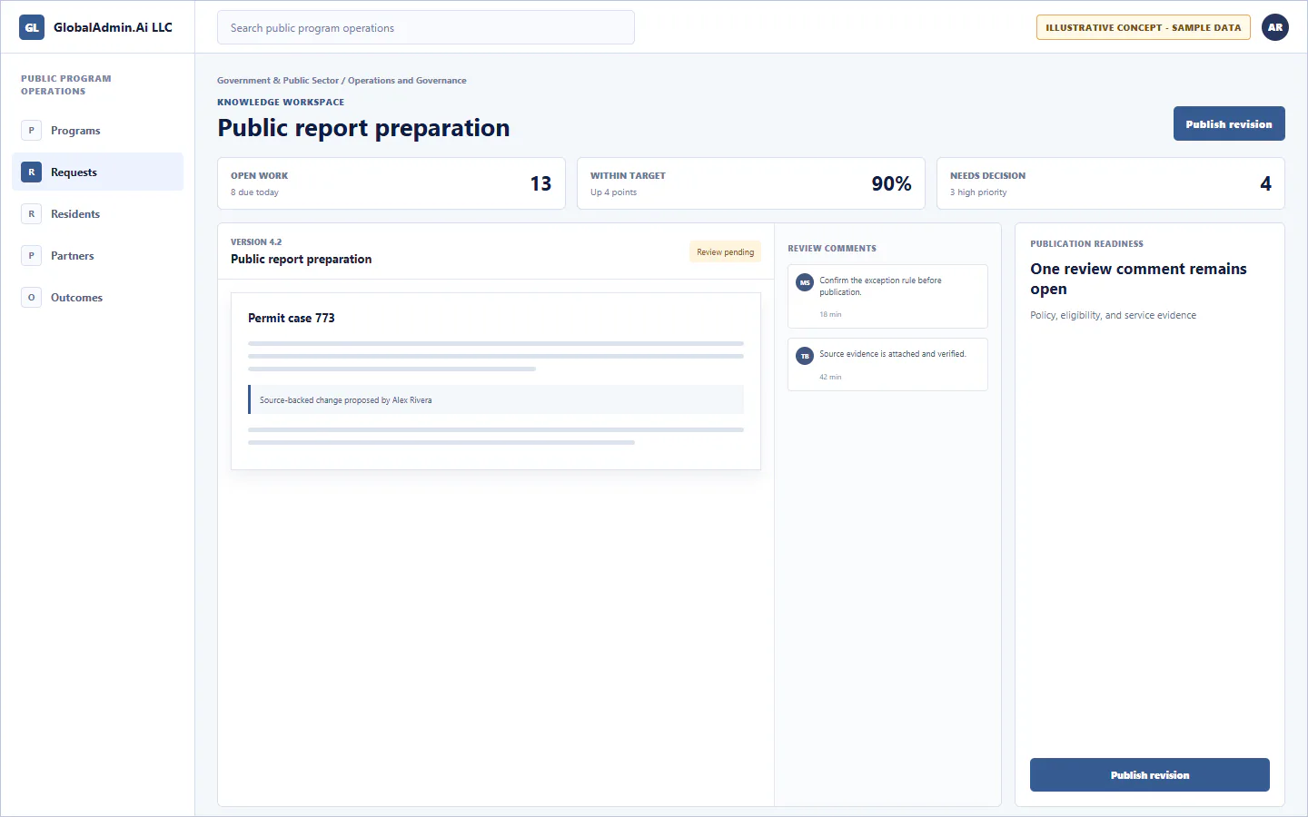 Representative Public report preparation application for Government & Public Sector, showing knowledge workspace, sample operational data, accountable ownership, and a visible next action.