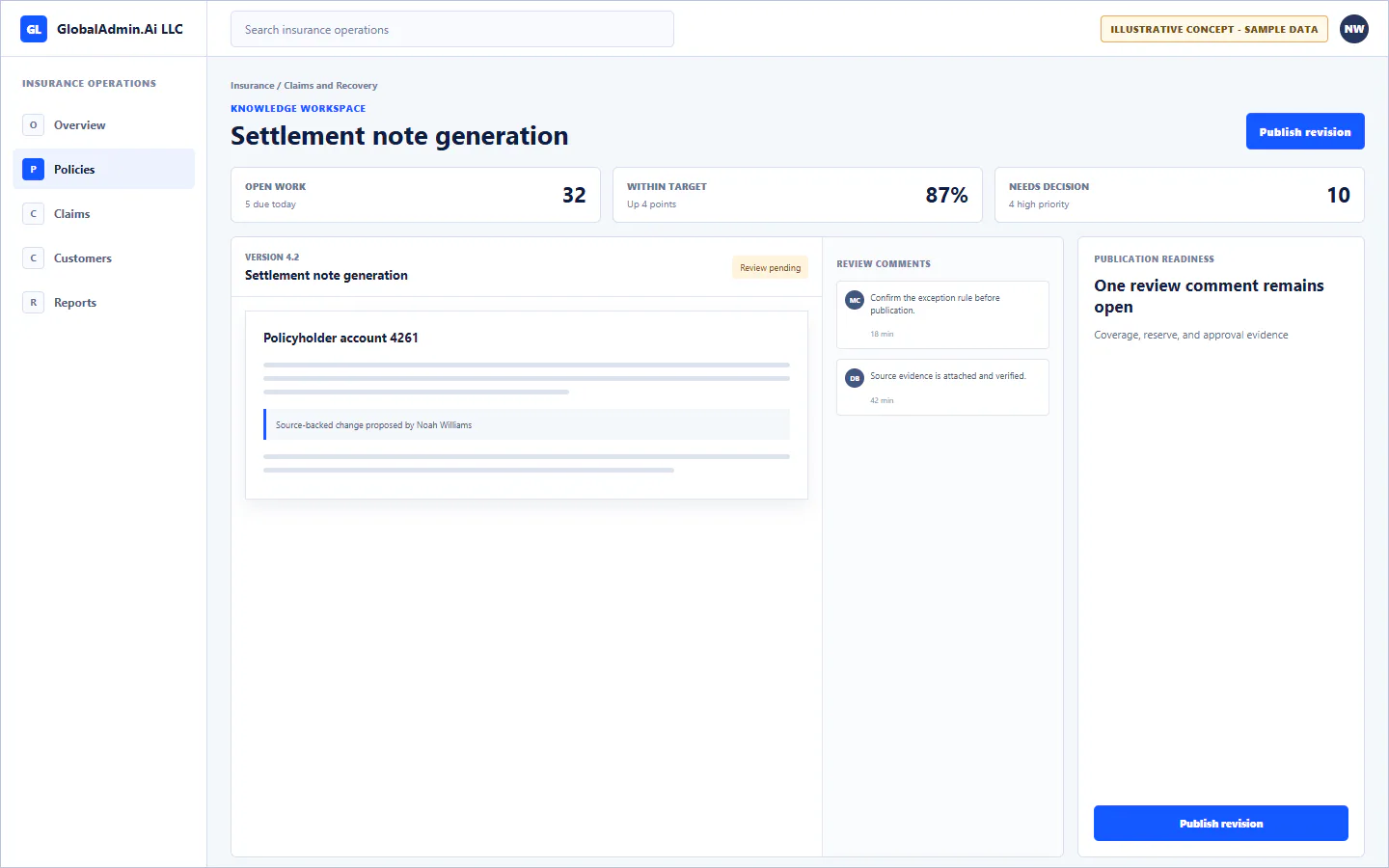 Representative Settlement note generation application for Insurance, showing knowledge workspace, sample operational data, accountable ownership, and a visible next action.