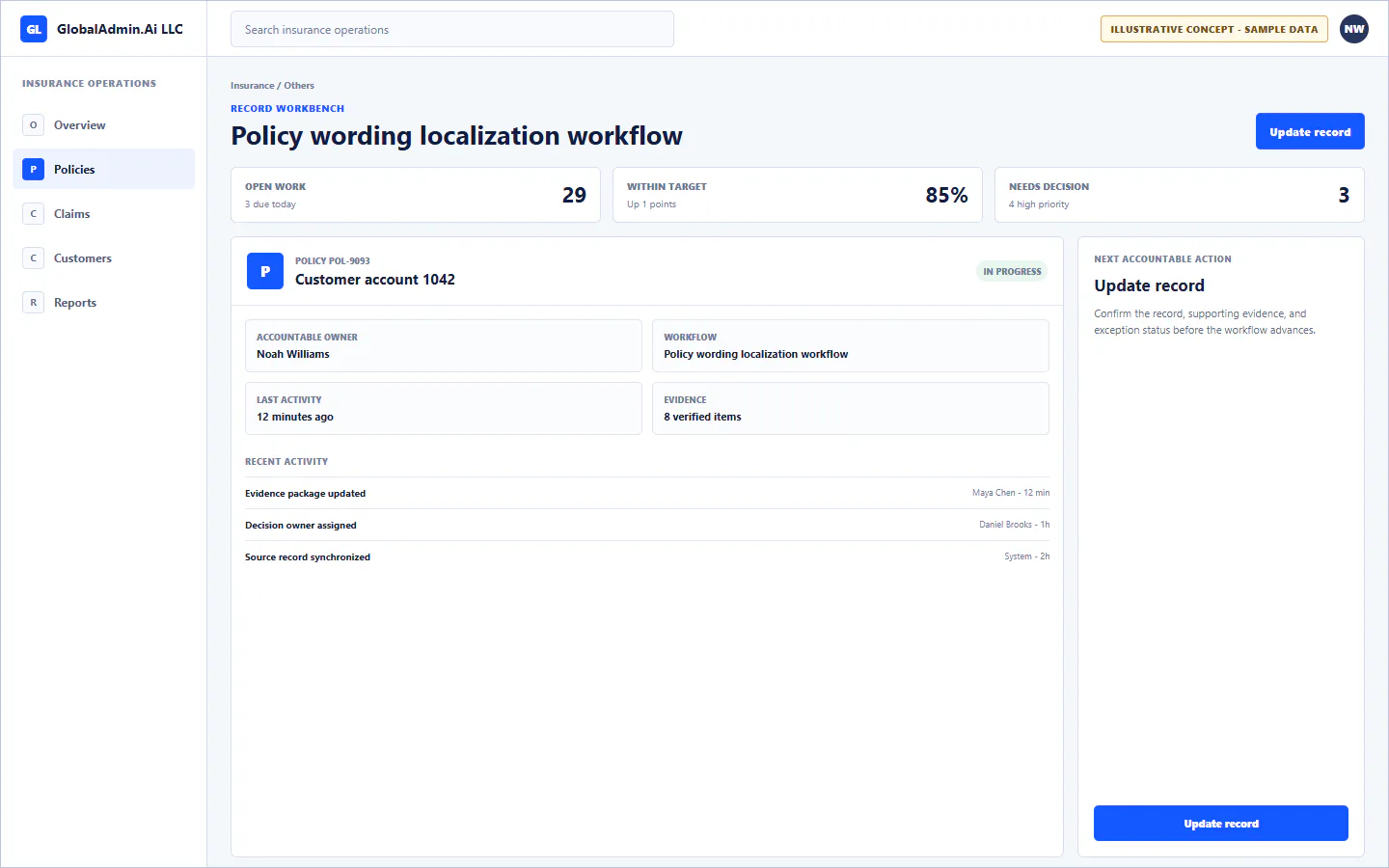 Representative Policy wording localization workflow application for Insurance, showing record workbench, sample operational data, accountable ownership, and a visible next action.