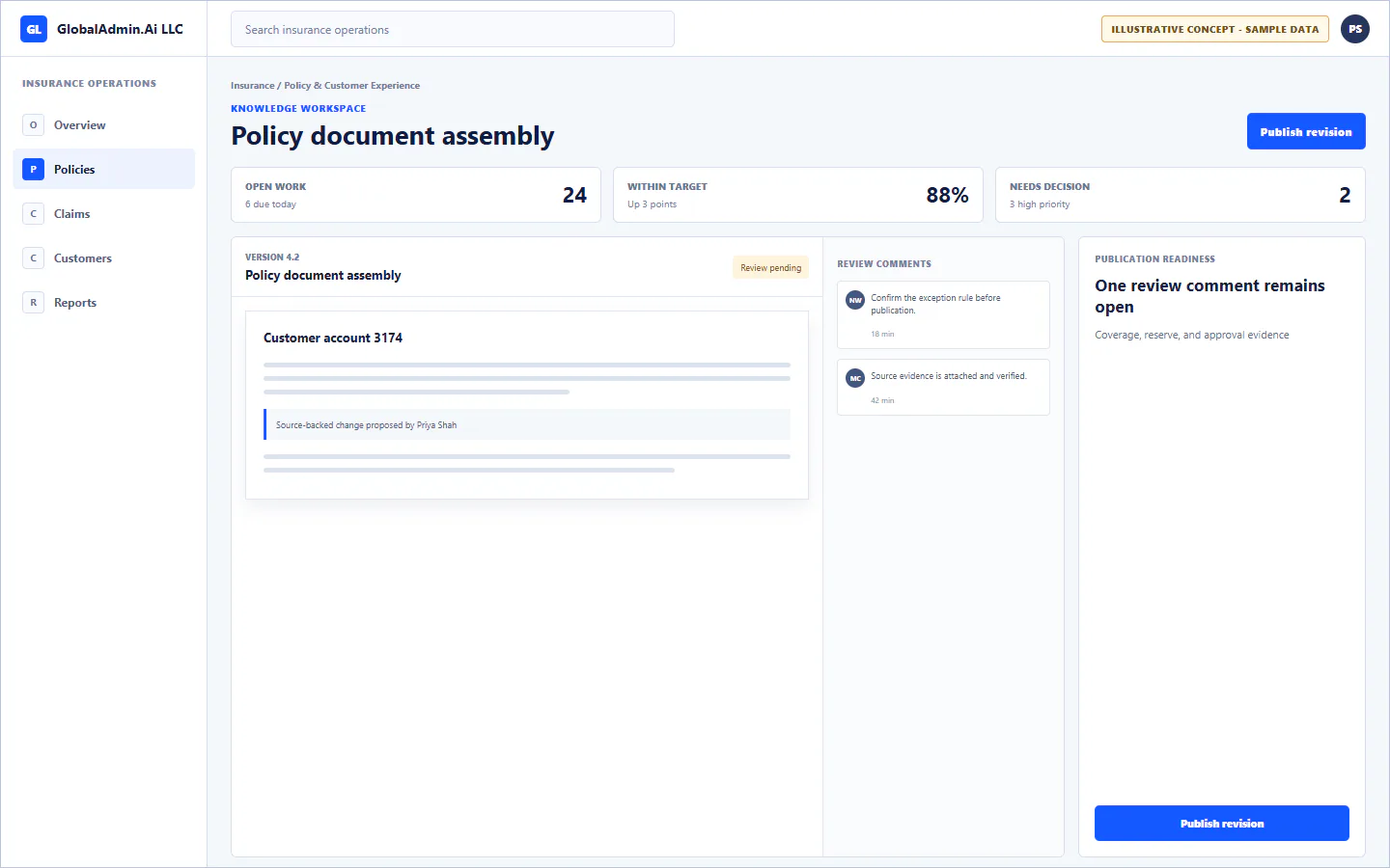 Representative Policy document assembly application for Insurance, showing knowledge workspace, sample operational data, accountable ownership, and a visible next action.