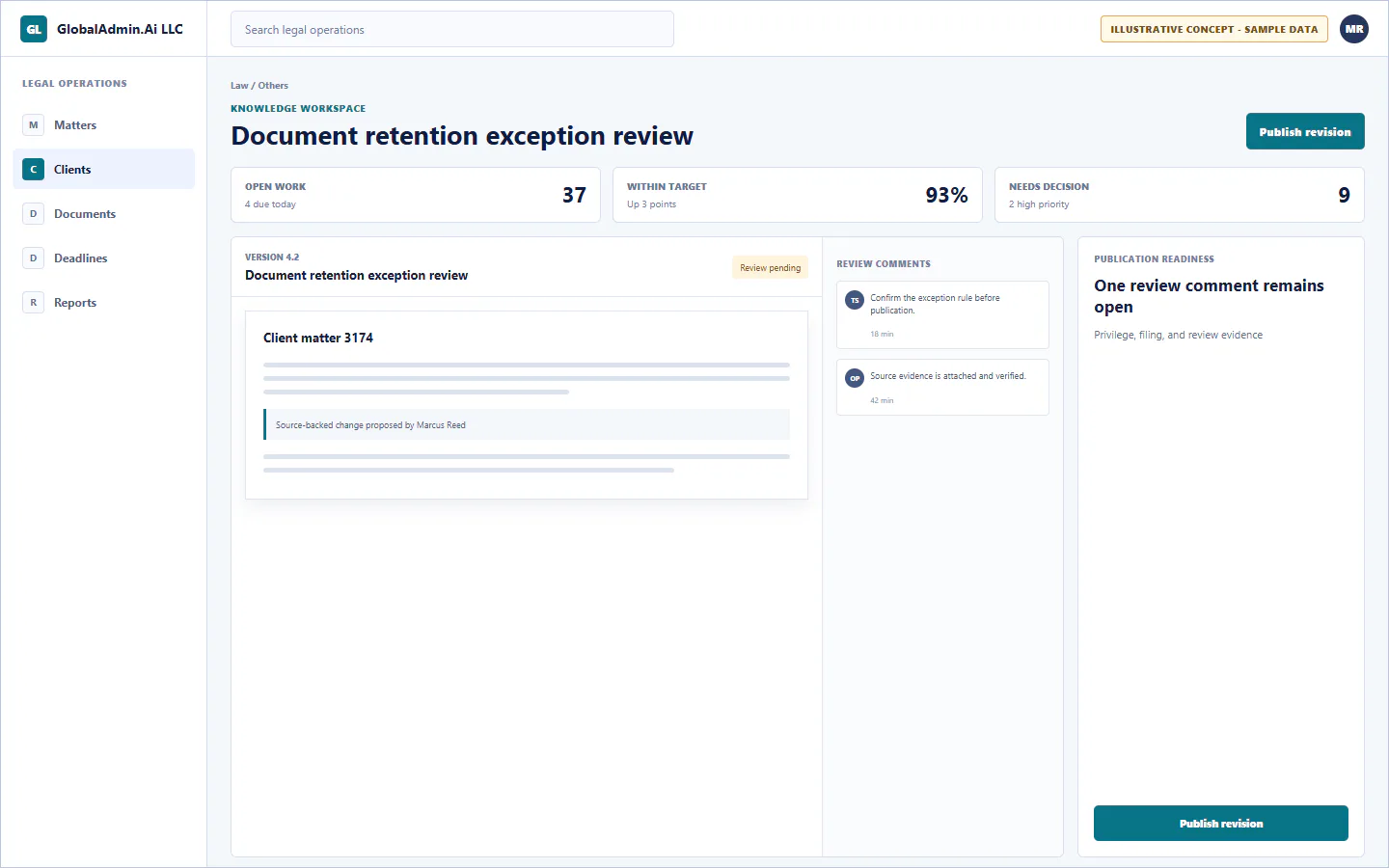 Representative Document retention exception review application for Law, showing knowledge workspace, sample operational data, accountable ownership, and a visible next action.