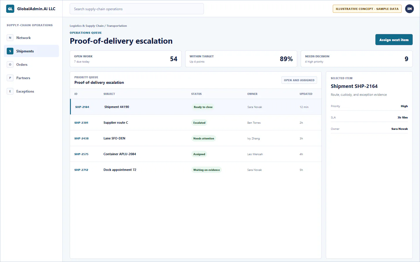 Representative Proof-of-delivery escalation application for Logistics & Supply Chain, showing operations queue, sample operational data, accountable ownership, and a visible next action.