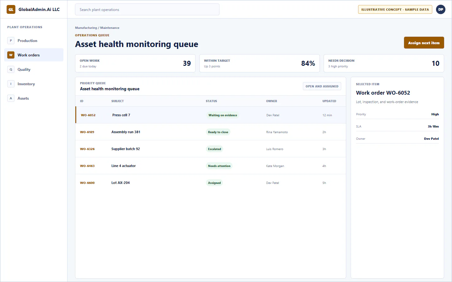 Representative Asset health monitoring queue application for Manufacturing, showing operations queue, sample operational data, accountable ownership, and a visible next action.