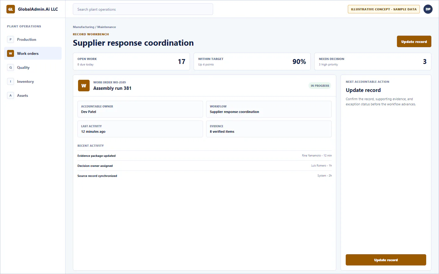 Representative Supplier response coordination application for Manufacturing, showing record workbench, sample operational data, accountable ownership, and a visible next action.
