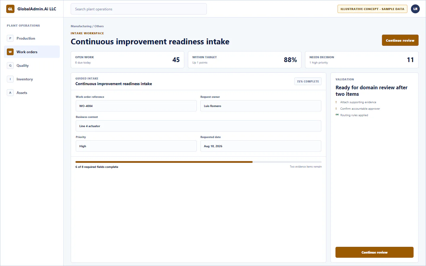 Representative Continuous improvement readiness intake application for Manufacturing, showing intake workspace, sample operational data, accountable ownership, and a visible next action.