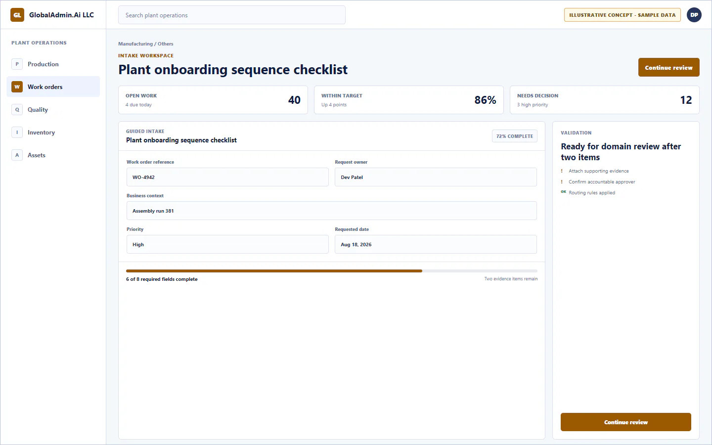 Representative Plant onboarding sequence checklist application for Manufacturing, showing intake workspace, sample operational data, accountable ownership, and a visible next action.