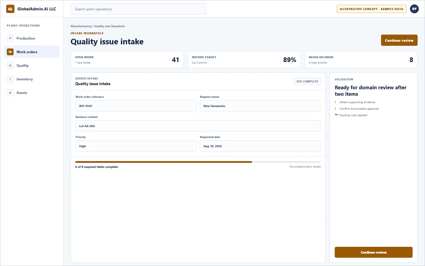 Representative Quality issue intake application for Manufacturing, showing intake workspace, sample operational data, accountable ownership, and a visible next action.