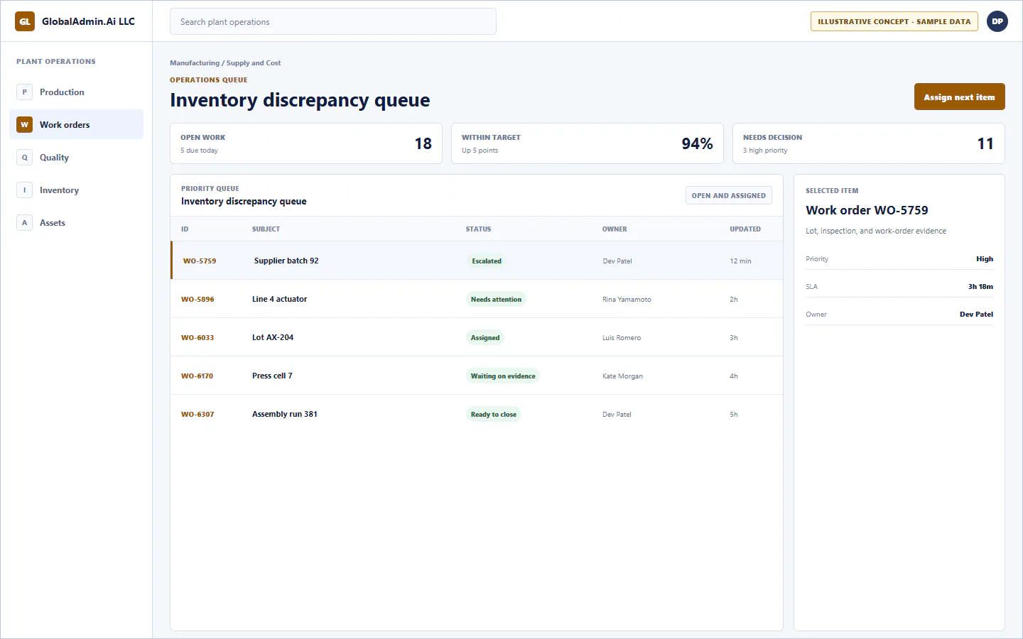 Representative Inventory discrepancy queue application for Manufacturing, showing operations queue, sample operational data, accountable ownership, and a visible next action.