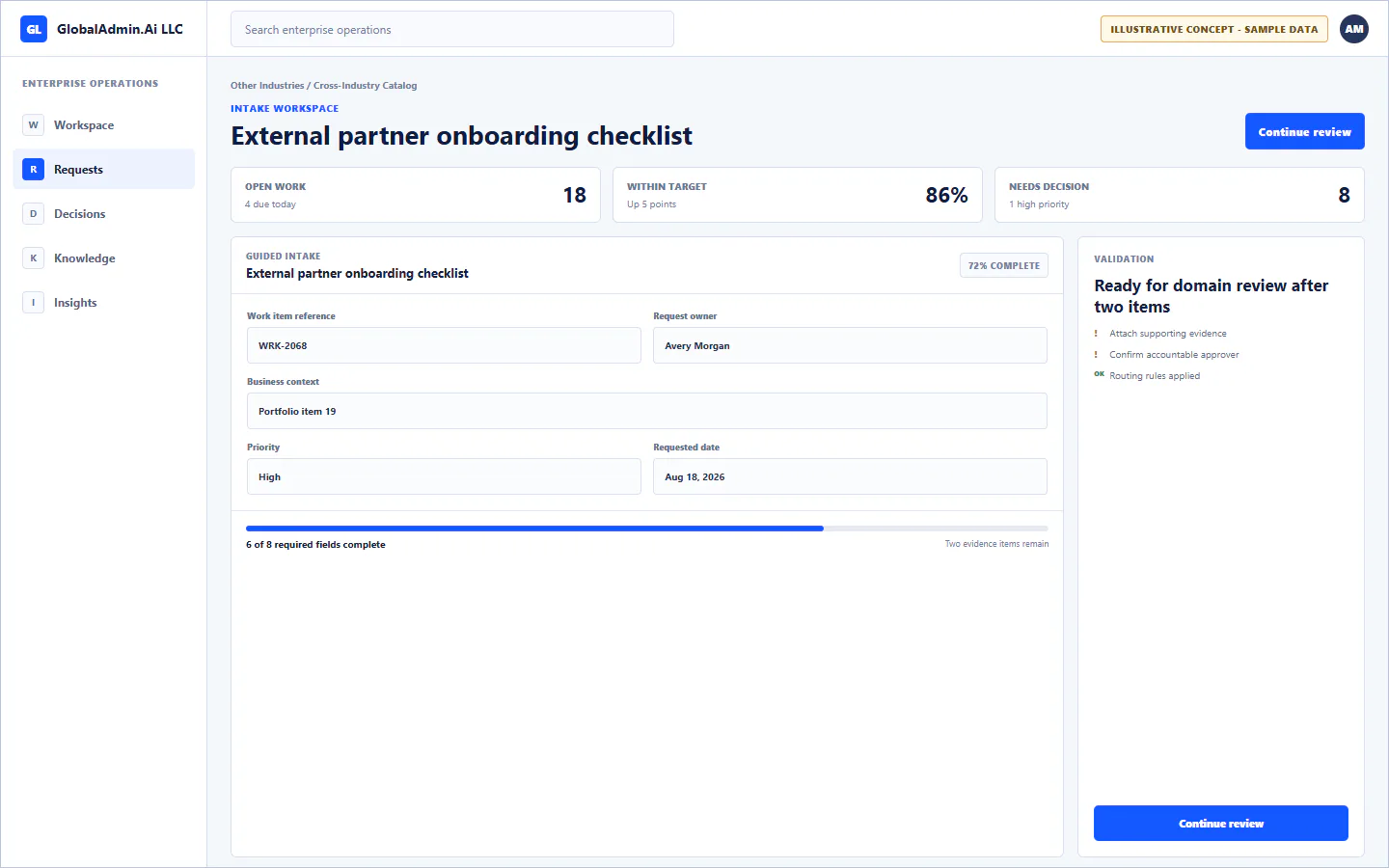Representative External partner onboarding checklist application for Other Industries, showing intake workspace, sample operational data, accountable ownership, and a visible next action.