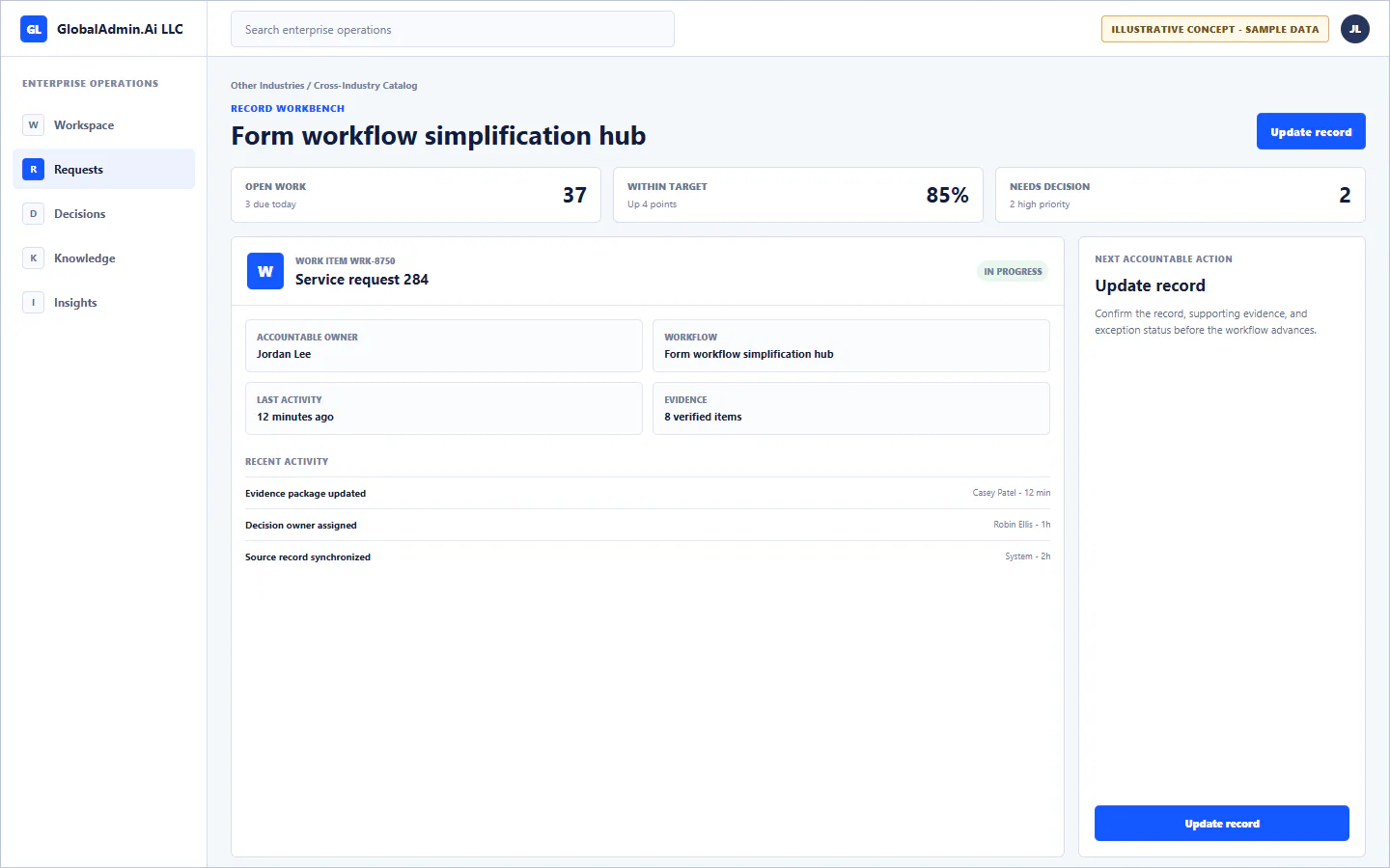 Representative Form workflow simplification hub application for Other Industries, showing record workbench, sample operational data, accountable ownership, and a visible next action.