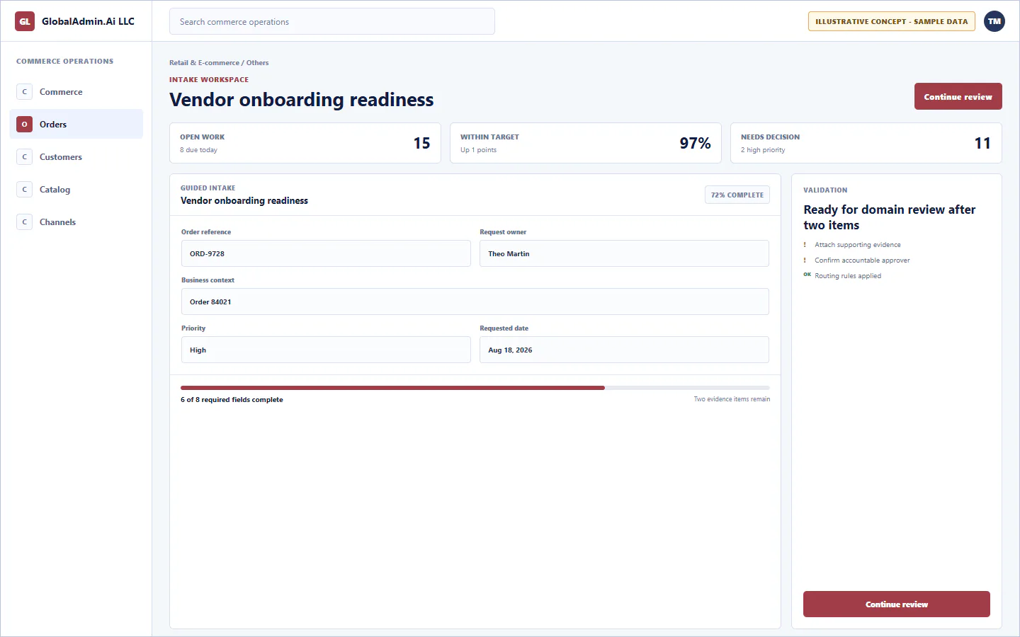 Representative Vendor onboarding readiness application for Retail & E-commerce, showing intake workspace, sample operational data, accountable ownership, and a visible next action.
